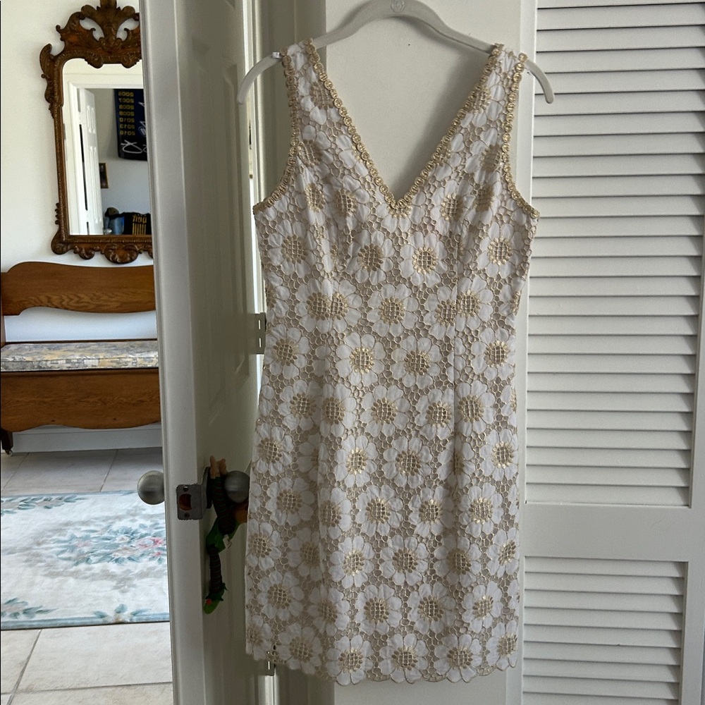 Lilly Pulitzer White Dress with Gold Lace Overlay